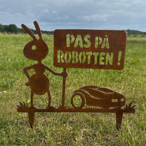 Myre med skilt - PAS P� ROBOTTEN